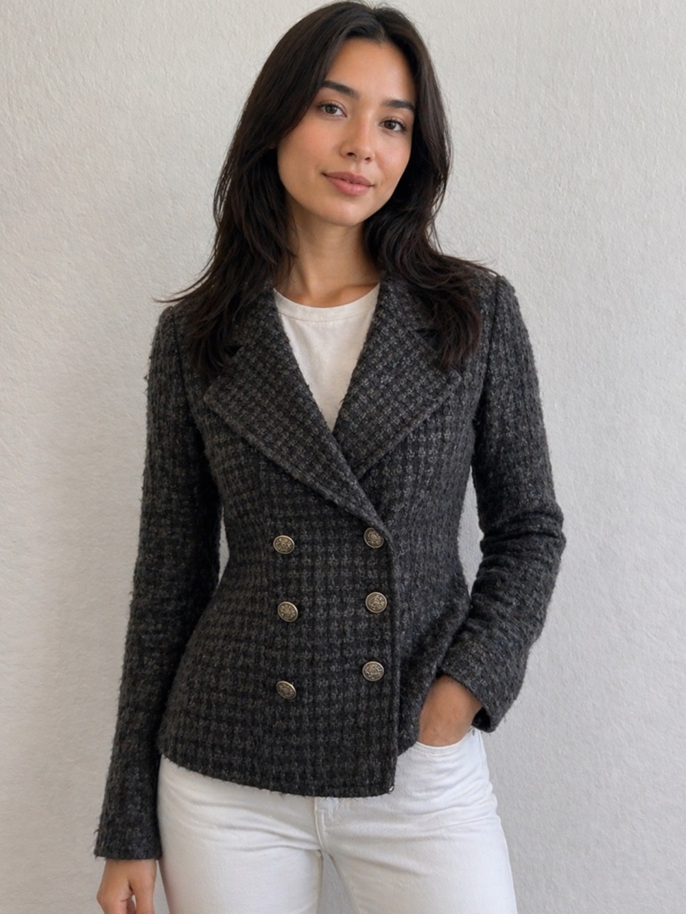 Womens Textured Double-Breasted Blue/Black Blazer Jacket
